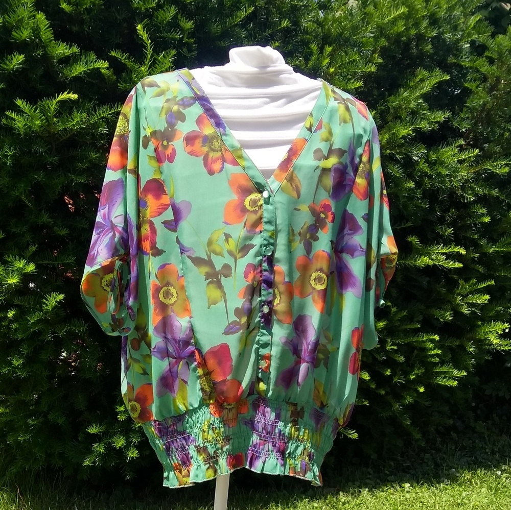 Floral dark mint/sea foam green sheer top